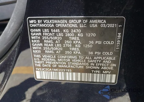 2021 Volkswagen Atlas Cross Sport 2.0T Se W/Technology z USA, uszkodzony, nr VIN 1V2JC2CA1MC223193